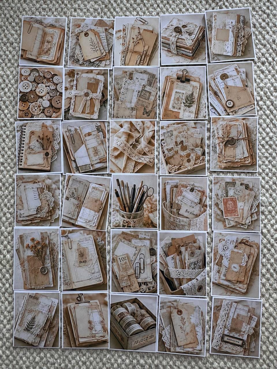 Set of 30 Vintage Junk Journal Stickers Set, Beige Ephemera Scrapbook Stickers, Neutral Journal, Antique Paper Craft, Cottagecore Ephemera