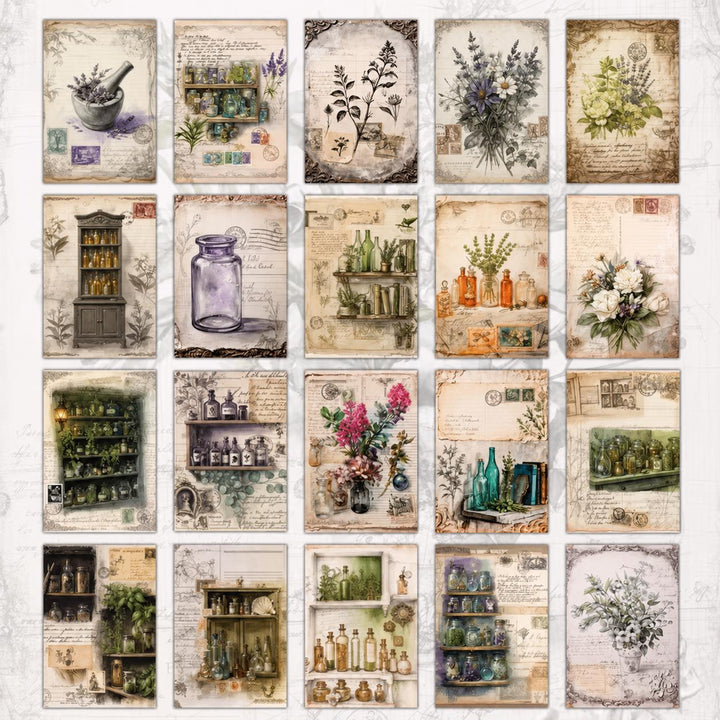 Set of 20 Vintage Apothecary Journal Cards, Botanical Ephemera, Junk Journal Scrapbook Cards, Cottagecore Paper Pack, Herbal Vintage Collage
