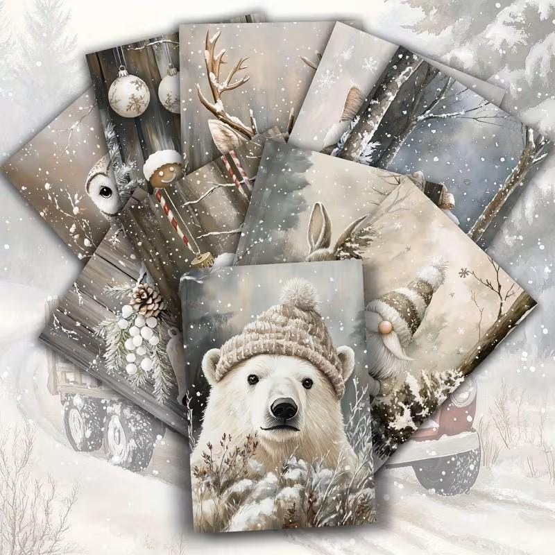 Set of 20 Winter Journal Cards, Christmas Ephemera Pack, Neutral Winter Scrapbook Cards, Snowy Animal Junk Journal Kit, Cottagecore Winter