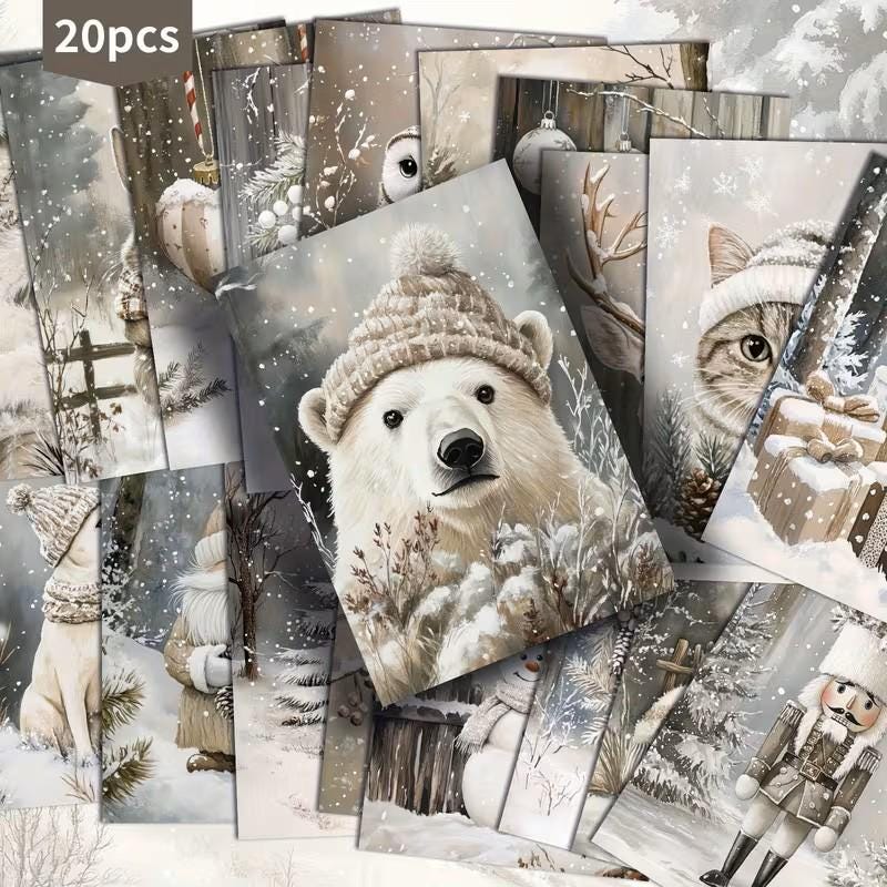 Set of 20 Winter Journal Cards, Christmas Ephemera Pack, Neutral Winter Scrapbook Cards, Snowy Animal Junk Journal Kit, Cottagecore Winter