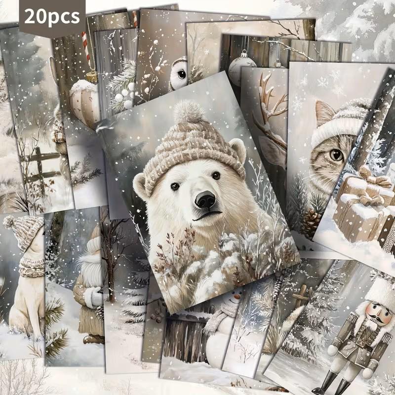 Set of 20 Winter Journal Cards, Christmas Ephemera Pack, Neutral Winter Scrapbook Cards, Snowy Animal Junk Journal Kit, Cottagecore Winter