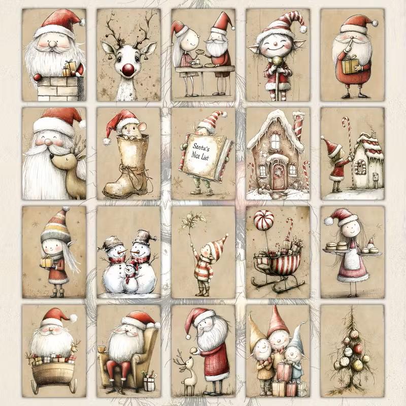 Set of 20 Cute Nordic Christmas Journal Cards, Scandinavian Xmas Ephemera Set, Whimsical Santa Scrapbook Cards, Cozy Winter Junk Journal Kit