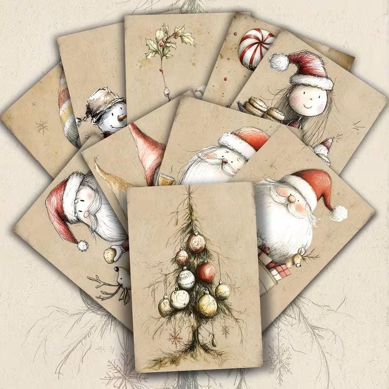 Set of 20 Cute Nordic Christmas Journal Cards, Scandinavian Xmas Ephemera Set, Whimsical Santa Scrapbook Cards, Cozy Winter Junk Journal Kit