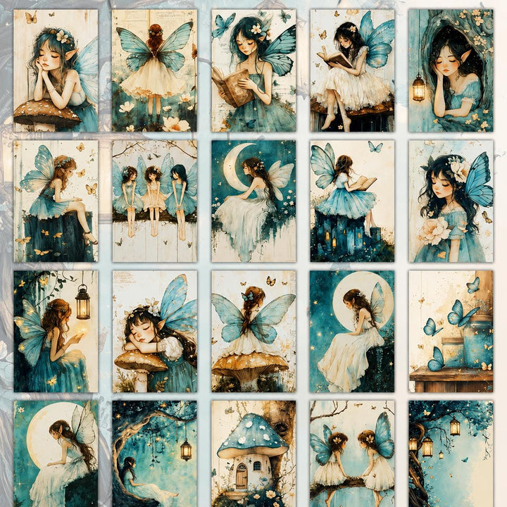 Set of 20 Fairy Journal Cards, Blue Fantasy Ephemera Pack, Cottagecore Fairy Art Cards, Whimsical Junk Journal Supplies, Enchanted Forest