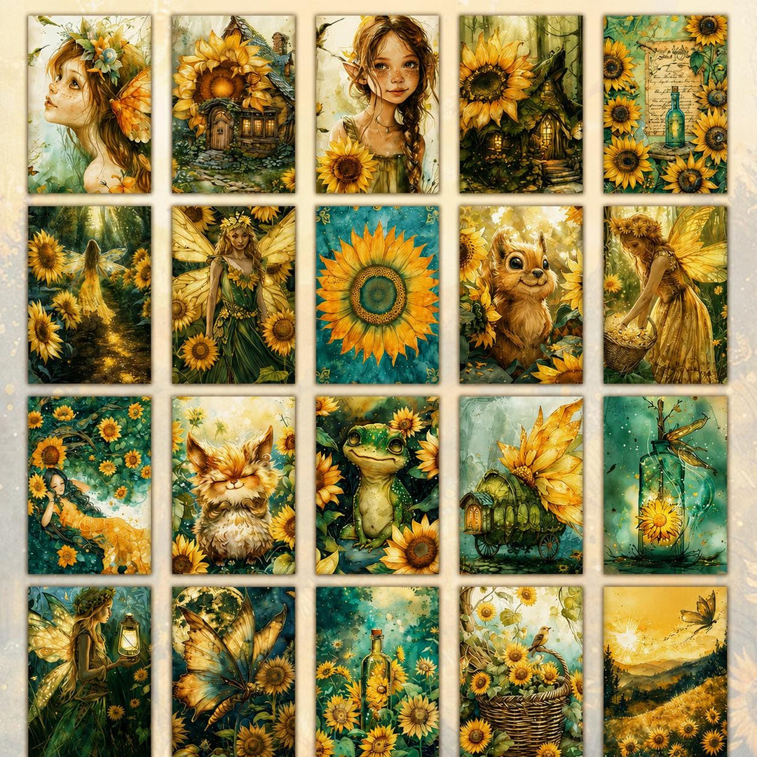Set of 20 Sunflower Fairy Journal Cards, Fantasy Ephemera Pack, Cottagecore Fairy Art, Whimsical Junk Journal Supplies, Enchanted Sunflower