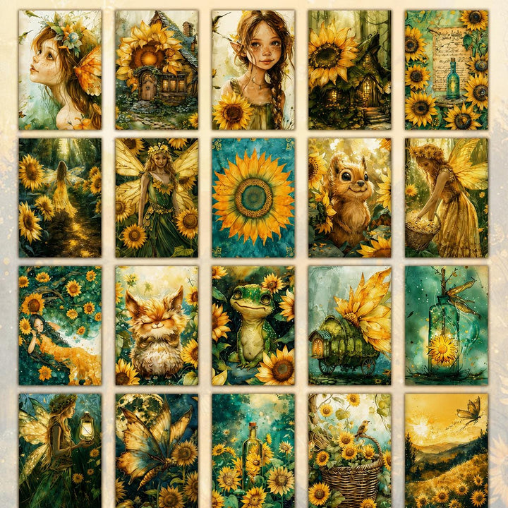 Set of 20 Sunflower Fairy Journal Cards, Fantasy Ephemera Pack, Cottagecore Fairy Art, Whimsical Junk Journal Supplies, Enchanted Sunflower