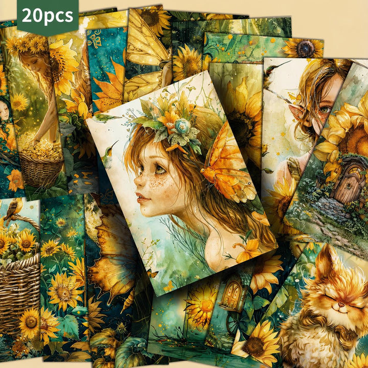 Set of 20 Sunflower Fairy Journal Cards, Fantasy Ephemera Pack, Cottagecore Fairy Art, Whimsical Junk Journal Supplies, Enchanted Sunflower