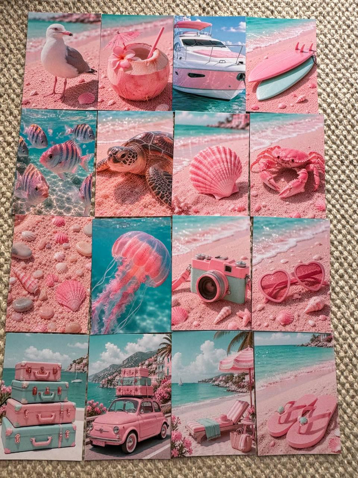 Pink Coastal Summer Stickers Set of 16, Beach Vacation Stickers, Pastel Travel Aesthetic, Scrapbook Journal Decor, UK Handmade