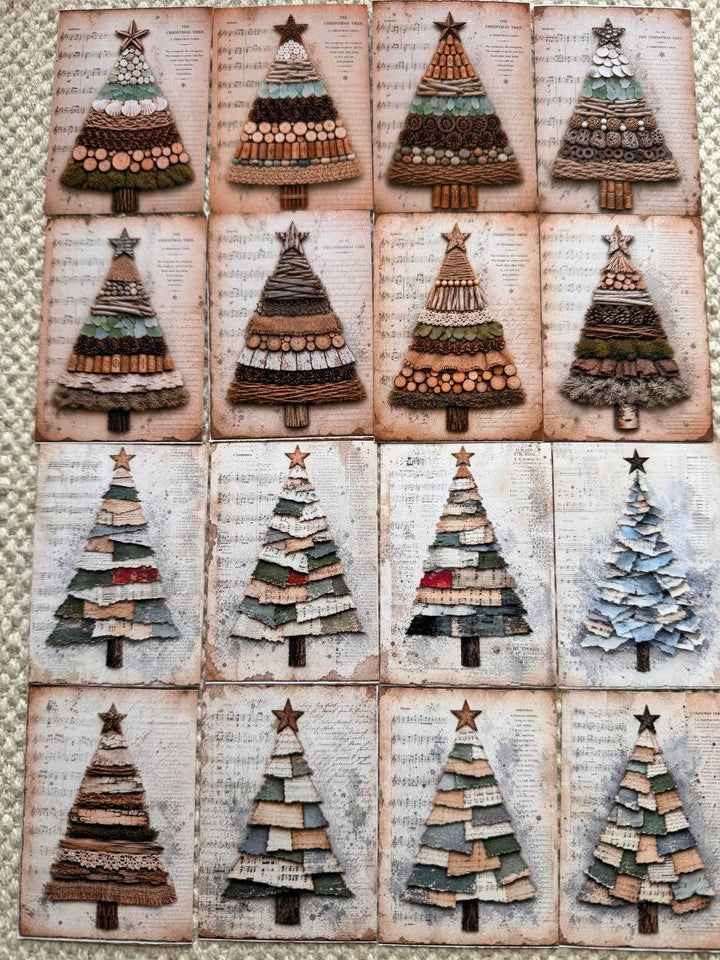 Vintage Christmas Tree Stickers Set of 16, Rustic Christmas Ephemera, Handmade Holiday Stickers, Junk Journal Supplies,Cottagecore Christmas