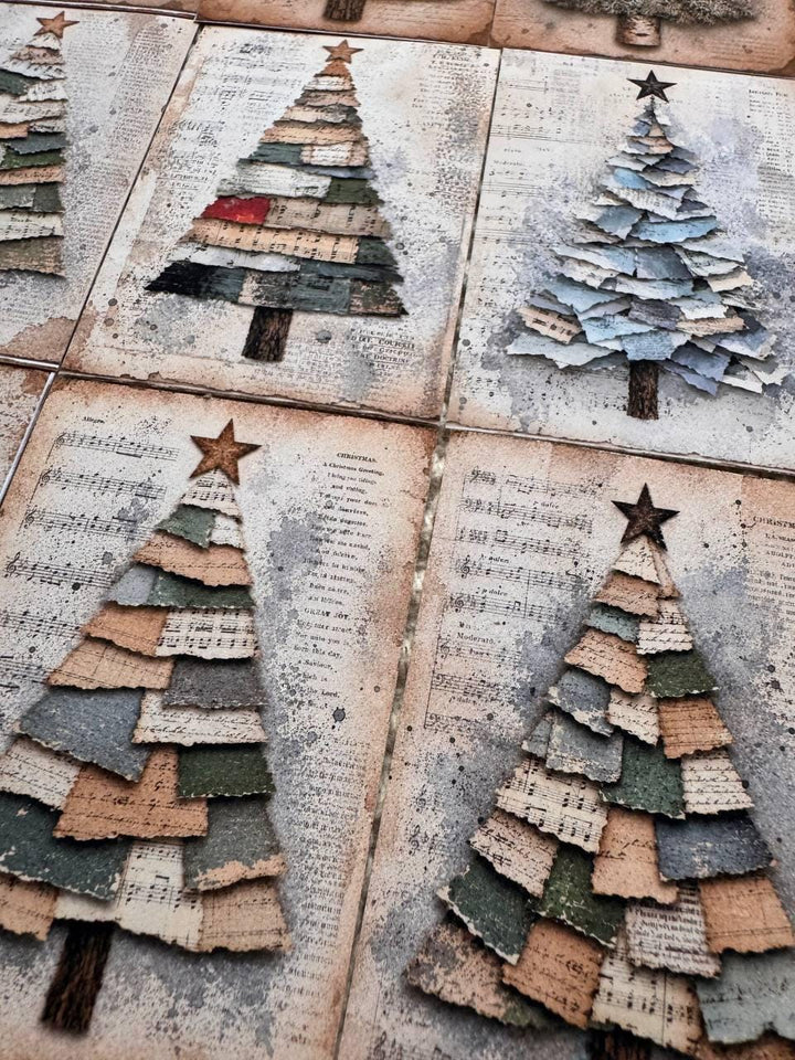 Vintage Christmas Tree Stickers Set of 16, Rustic Christmas Ephemera, Handmade Holiday Stickers, Junk Journal Supplies,Cottagecore Christmas