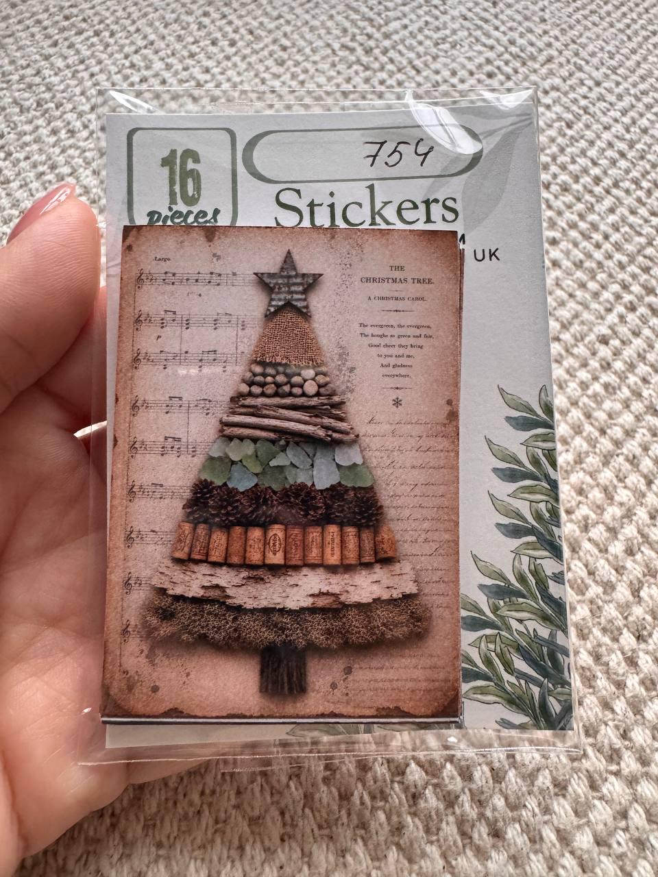 Vintage Christmas Tree Stickers Set of 16, Rustic Christmas Ephemera, Handmade Holiday Stickers, Junk Journal Supplies,Cottagecore Christmas