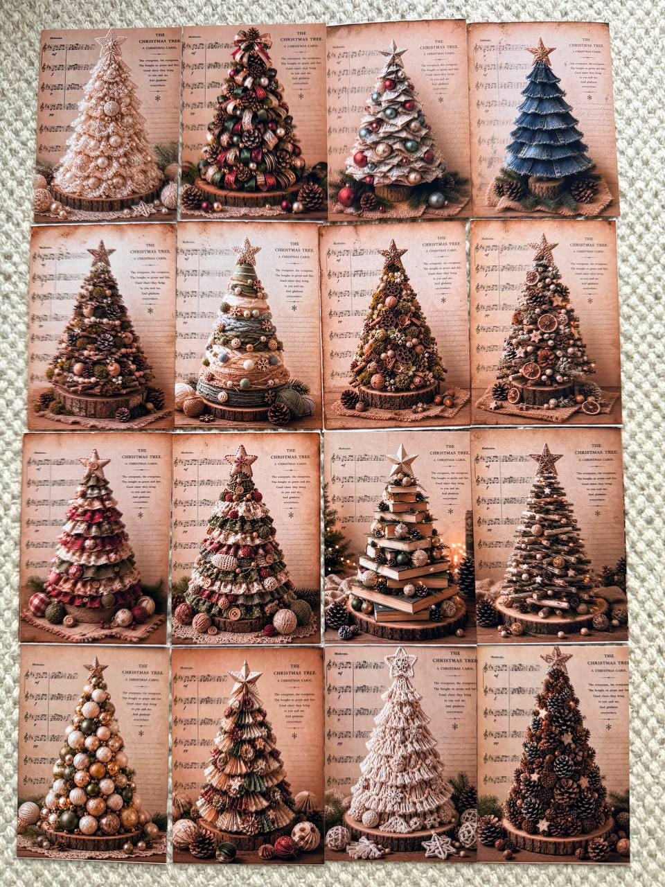 Vintage Handmade Christmas Tree Stickers Set of 16, Rustic Holiday Journal Stickers, Cottagecore Xmas Ephemera UK