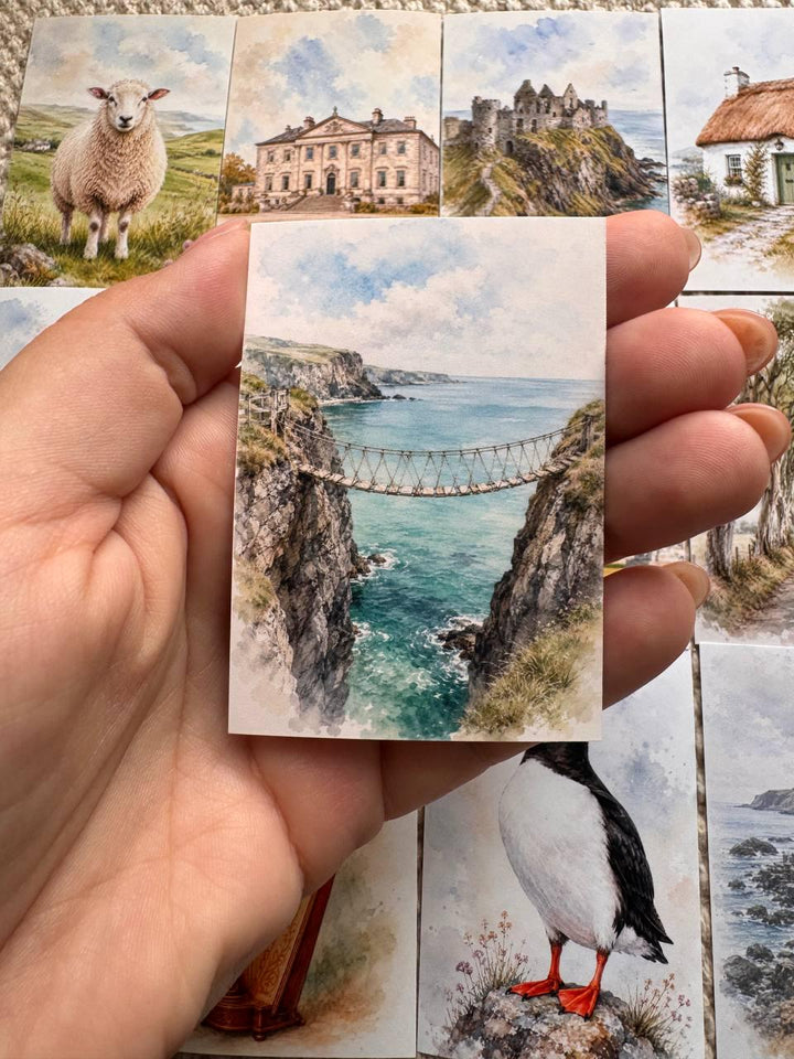Ireland Watercolour Stickers Set of 16, Irish Landmarks Ephemera, Puffin Cliffs Cottage Celtic Journal Stickers UK Made
