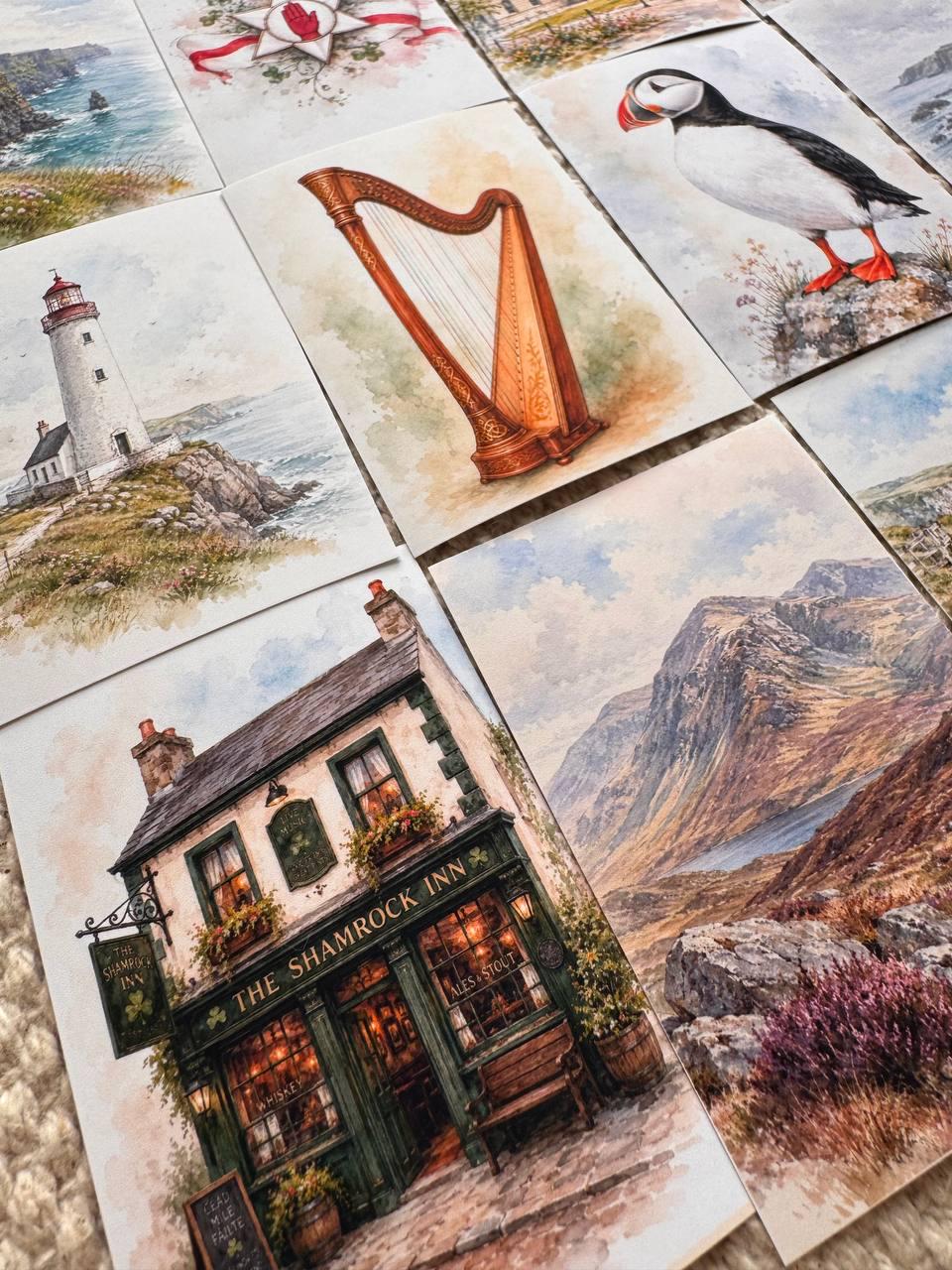 Ireland Watercolour Stickers Set of 16, Irish Landmarks Ephemera, Puffin Cliffs Cottage Celtic Journal Stickers UK Made