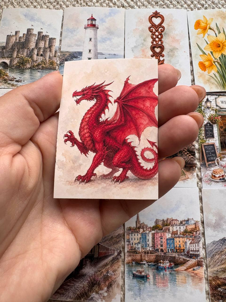 Wales Watercolour Stickers Set of 16, Welsh Dragon, Castles, Puffin, Snowdonia, Handmade UK Journal Scrapbook Stickers