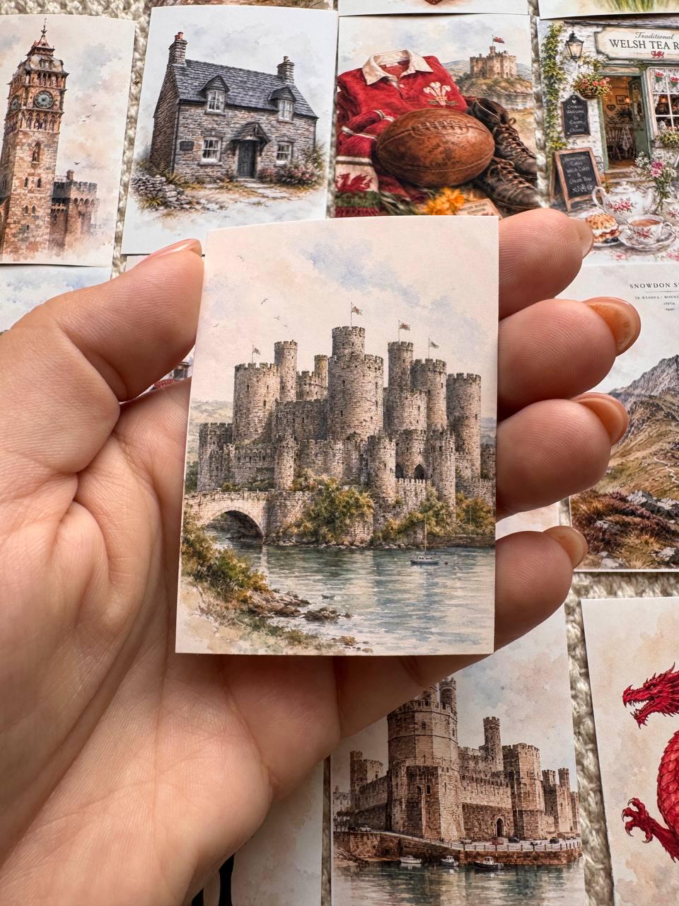 Wales Watercolour Stickers Set of 16, Welsh Dragon, Castles, Puffin, Snowdonia, Handmade UK Journal Scrapbook Stickers