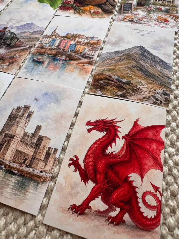 Wales Watercolour Stickers Set of 16, Welsh Dragon, Castles, Puffin, Snowdonia, Handmade UK Journal Scrapbook Stickers