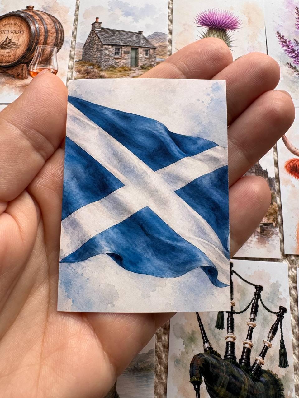 Scotland Watercolour Stickers Set of 16, Highland Cow, Loch Ness, Bagpipes, Scottish Flag, Handmade UK Journal Stickers