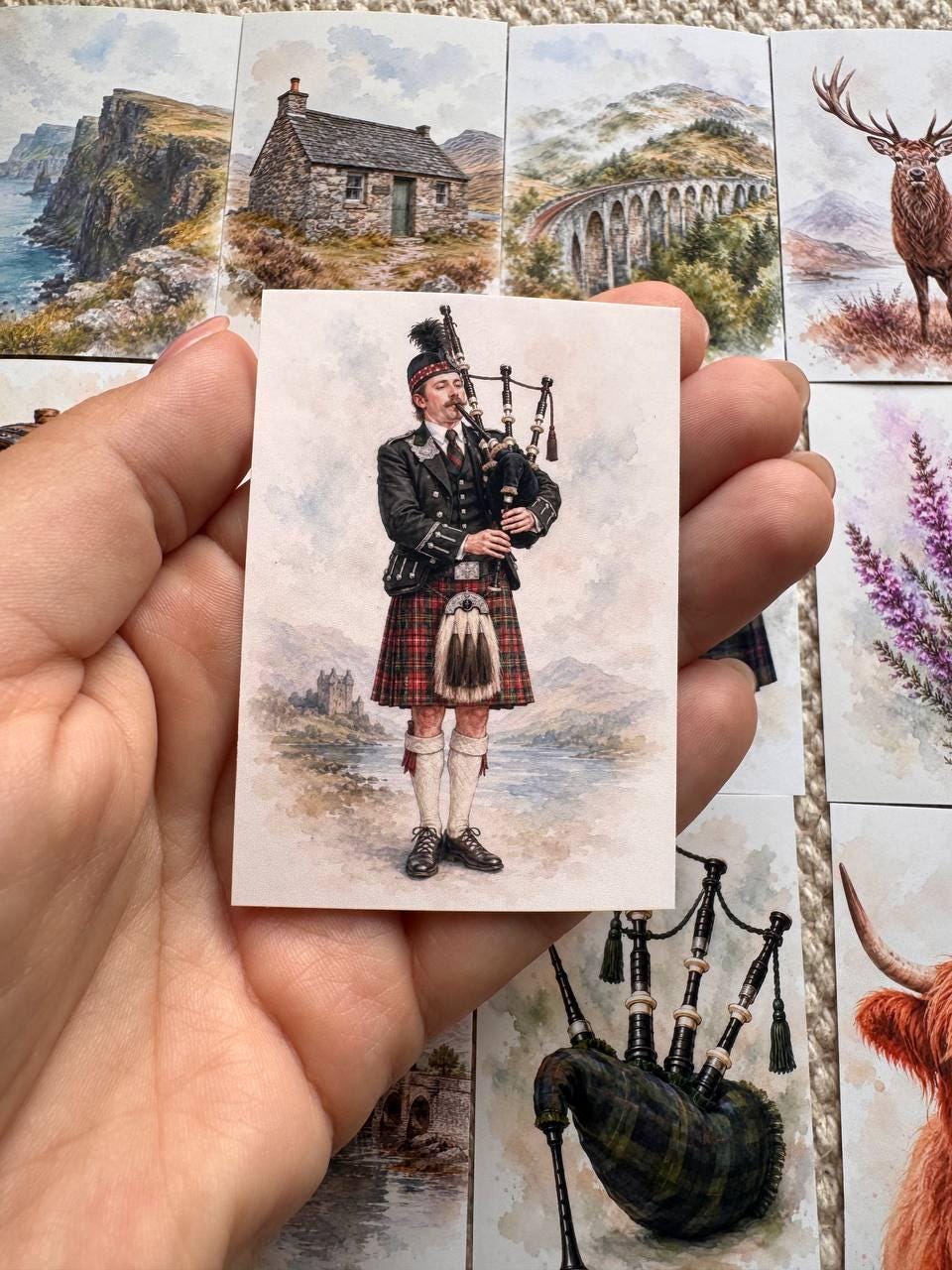 Scotland Watercolour Stickers Set of 16, Highland Cow, Loch Ness, Bagpipes, Scottish Flag, Handmade UK Journal Stickers