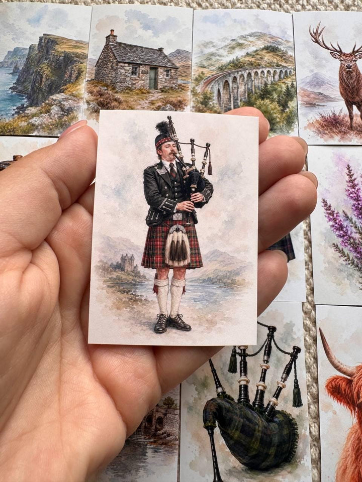 Scotland Watercolour Stickers Set of 16, Highland Cow, Loch Ness, Bagpipes, Scottish Flag, Handmade UK Journal Stickers