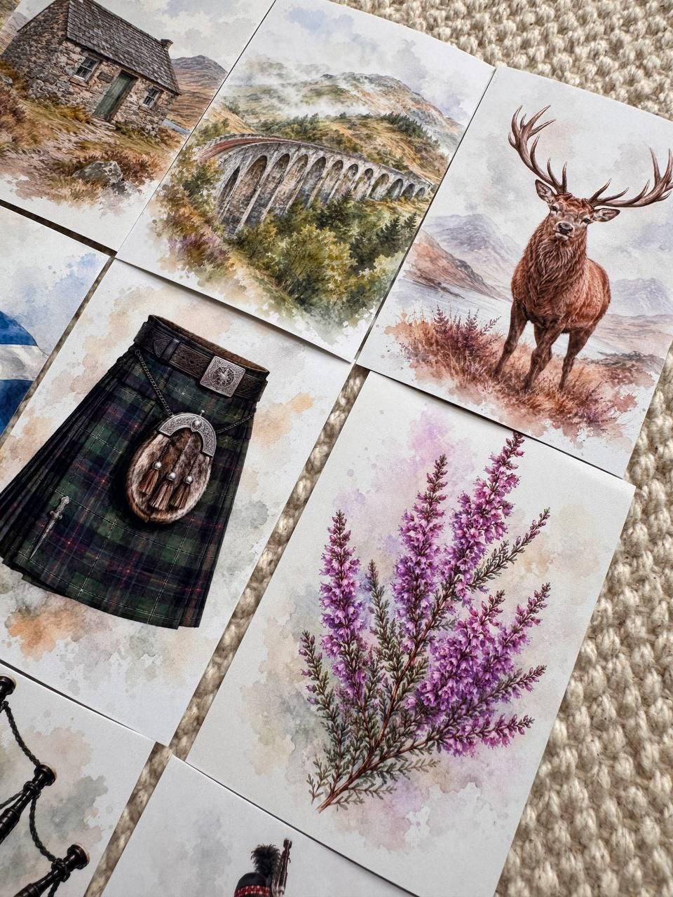 Scotland Watercolour Stickers Set of 16, Highland Cow, Loch Ness, Bagpipes, Scottish Flag, Handmade UK Journal Stickers