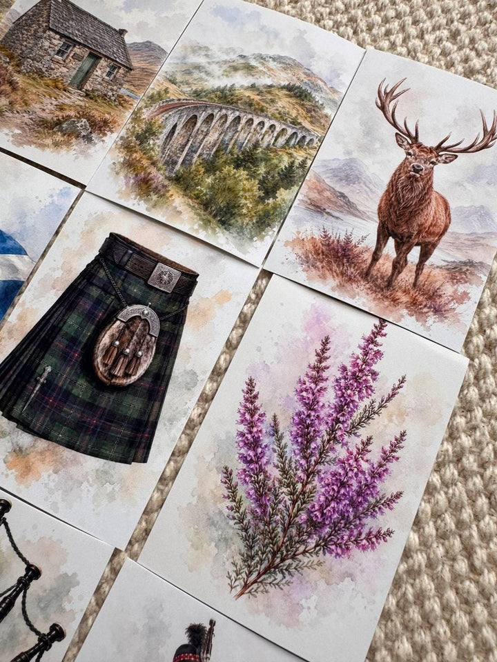 Scotland Watercolour Stickers Set of 16, Highland Cow, Loch Ness, Bagpipes, Scottish Flag, Handmade UK Journal Stickers