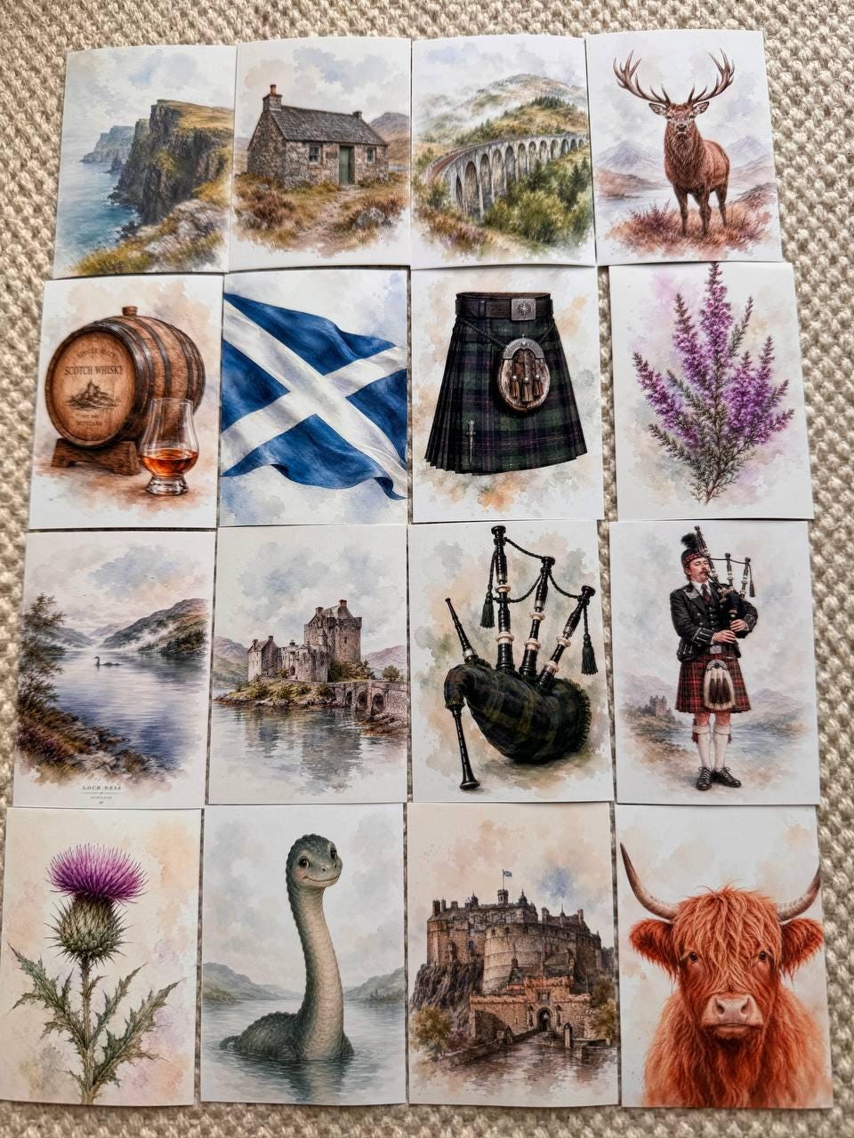 Scotland Watercolour Stickers Set of 16, Highland Cow, Loch Ness, Bagpipes, Scottish Flag, Handmade UK Journal Stickers