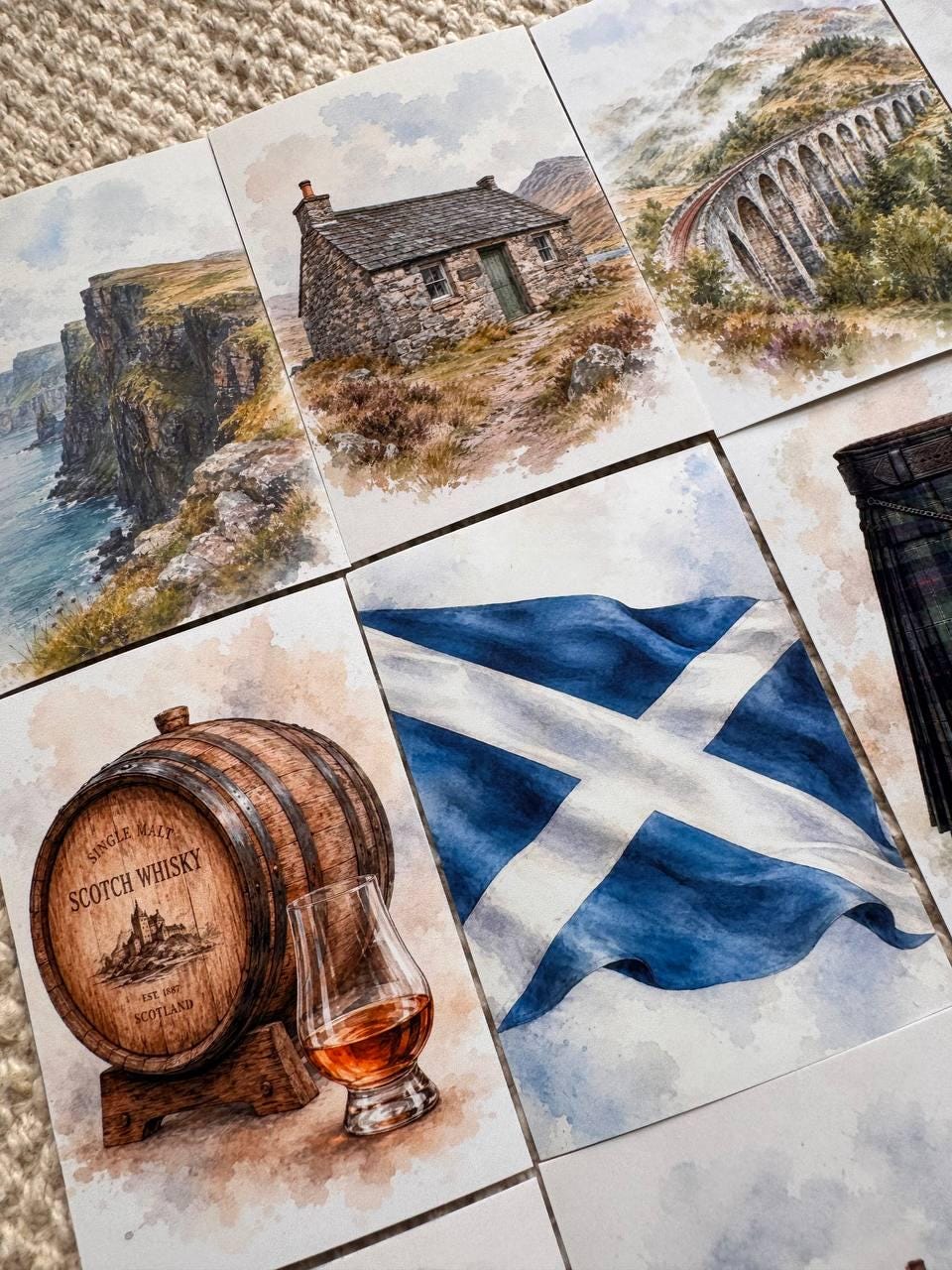 Scotland Watercolour Stickers Set of 16, Highland Cow, Loch Ness, Bagpipes, Scottish Flag, Handmade UK Journal Stickers