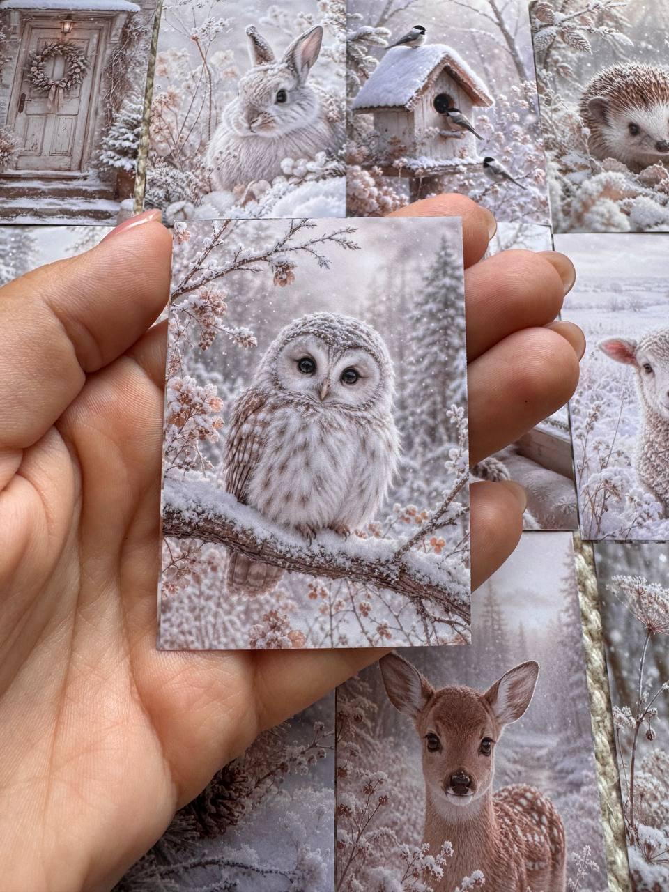 Winter Woodland Animal Stickers Set of 16, Cozy Snowy Forest, Fox Owl Rabbit Cat Winter Journal Stickers Handmade UK/vd-s0026