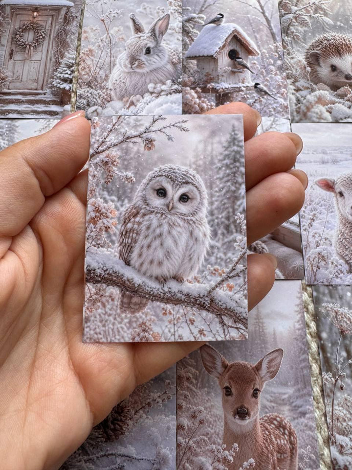 Winter Woodland Animal Stickers Set of 16, Cozy Snowy Forest, Fox Owl Rabbit Cat Winter Journal Stickers Handmade UK/vd-s0026