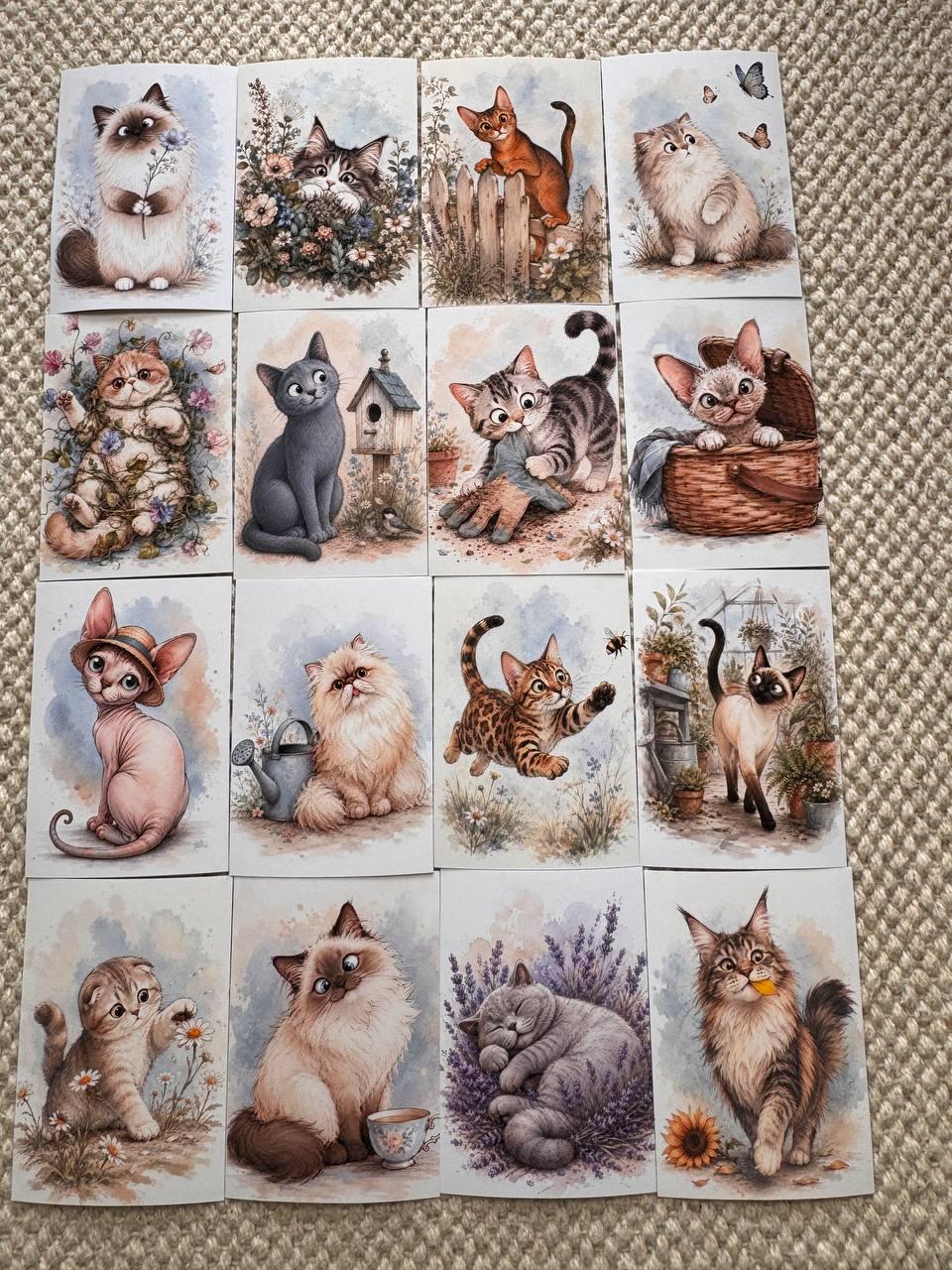 Cute Cat Stickers Set of 16, Watercolor Cat Stickers, Kawaii Kitty Journal Stickers, Handmade in UK, Scrapbooking & Planner Decor