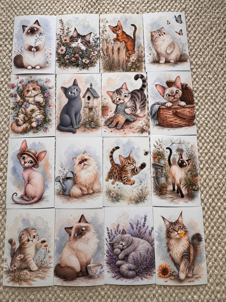 Cute Cat Stickers Set of 16, Watercolor Cat Stickers, Kawaii Kitty Journal Stickers, Handmade in UK, Scrapbooking & Planner Decor