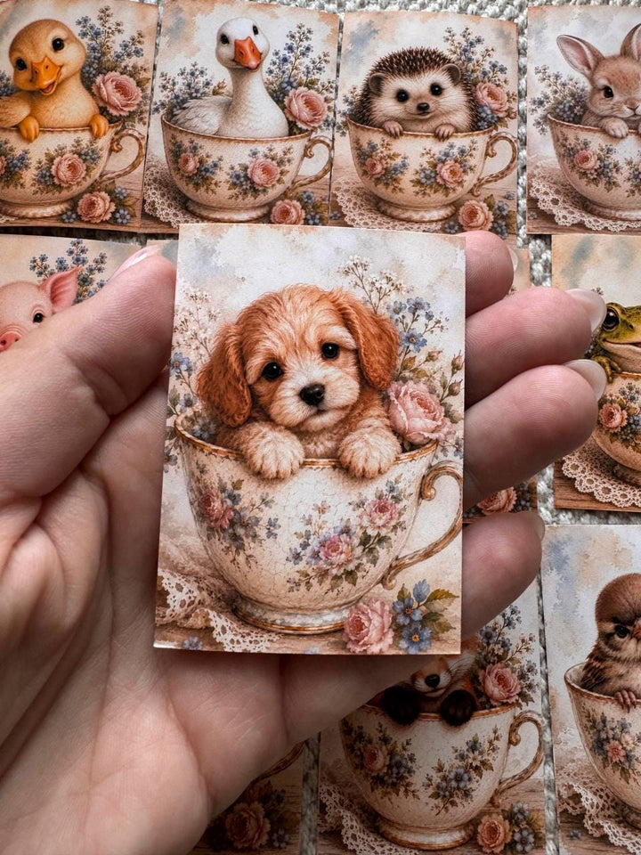 Vintage Animals in Teacups Stickers Set of 16, Cute Cottagecore Ephemera, Bunny Fox Owl Kitten Journal Stickers UK Made