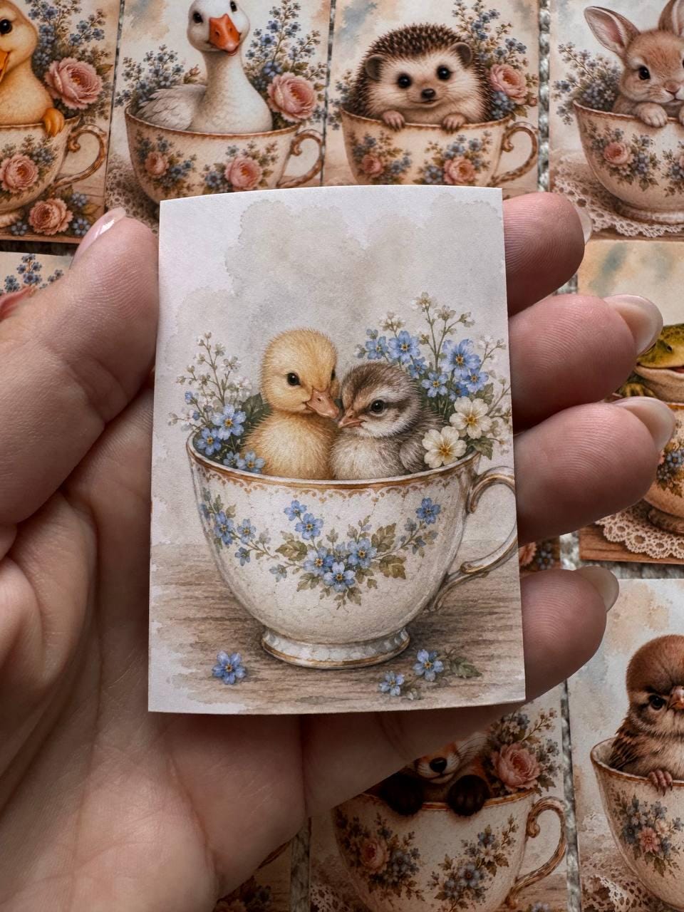 Vintage Animals in Teacups Stickers Set of 16, Cute Cottagecore Ephemera, Bunny Fox Owl Kitten Journal Stickers UK Made