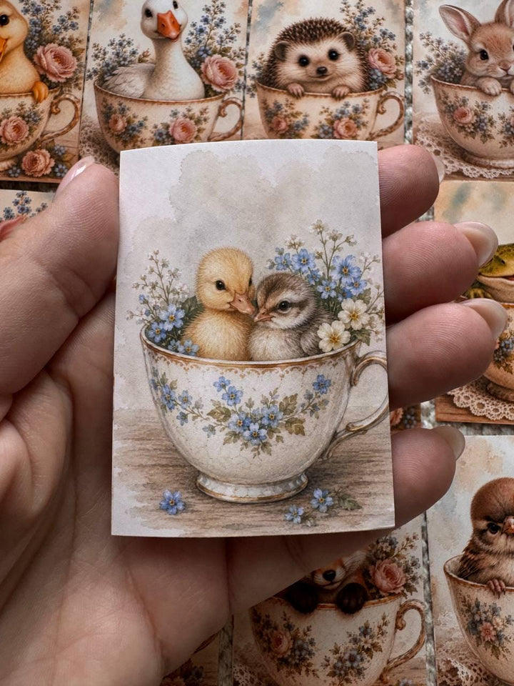 Vintage Animals in Teacups Stickers Set of 16, Cute Cottagecore Ephemera, Bunny Fox Owl Kitten Journal Stickers UK Made