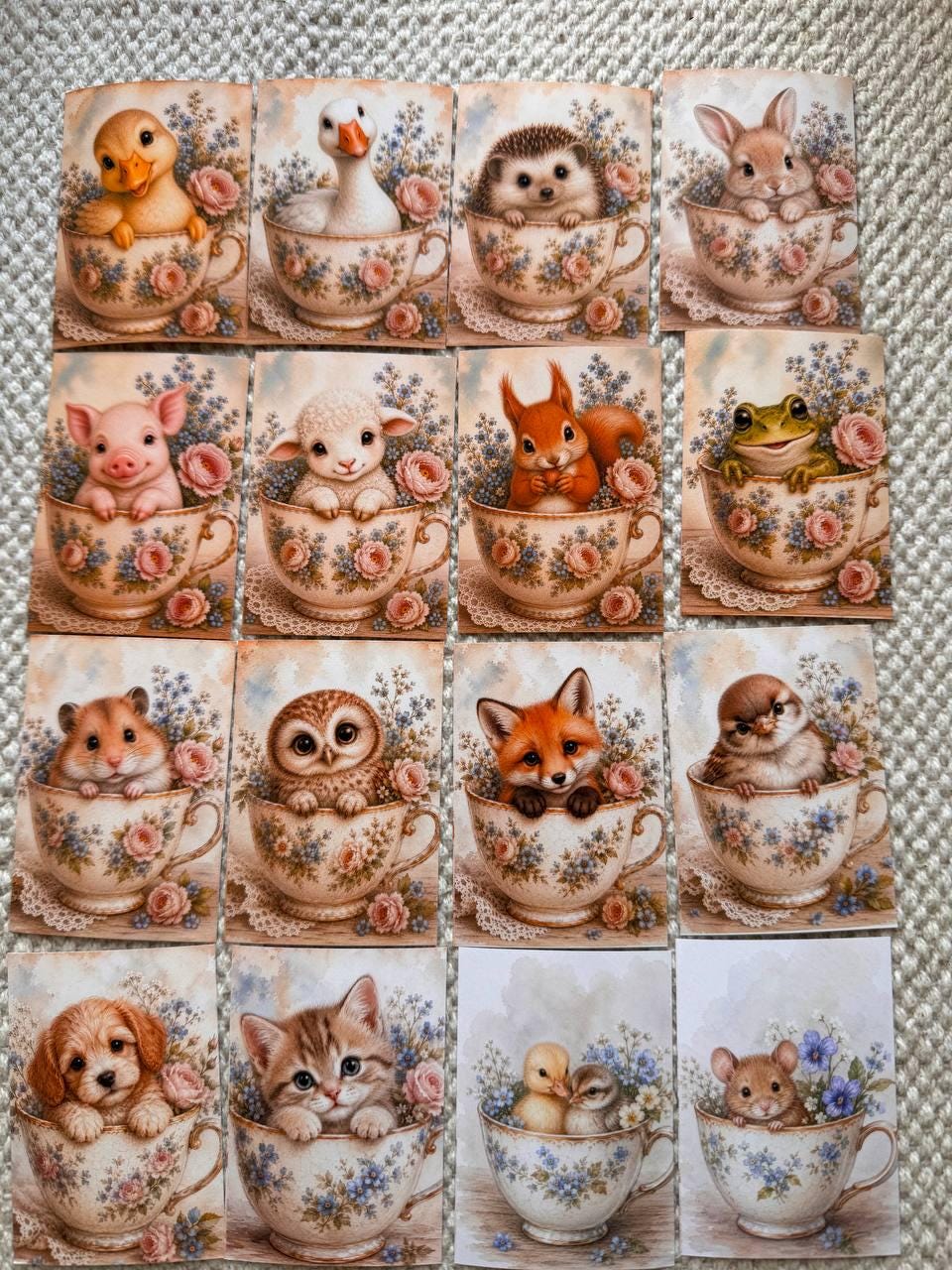 Vintage Animals in Teacups Stickers Set of 16, Cute Cottagecore Ephemera, Bunny Fox Owl Kitten Journal Stickers UK Made