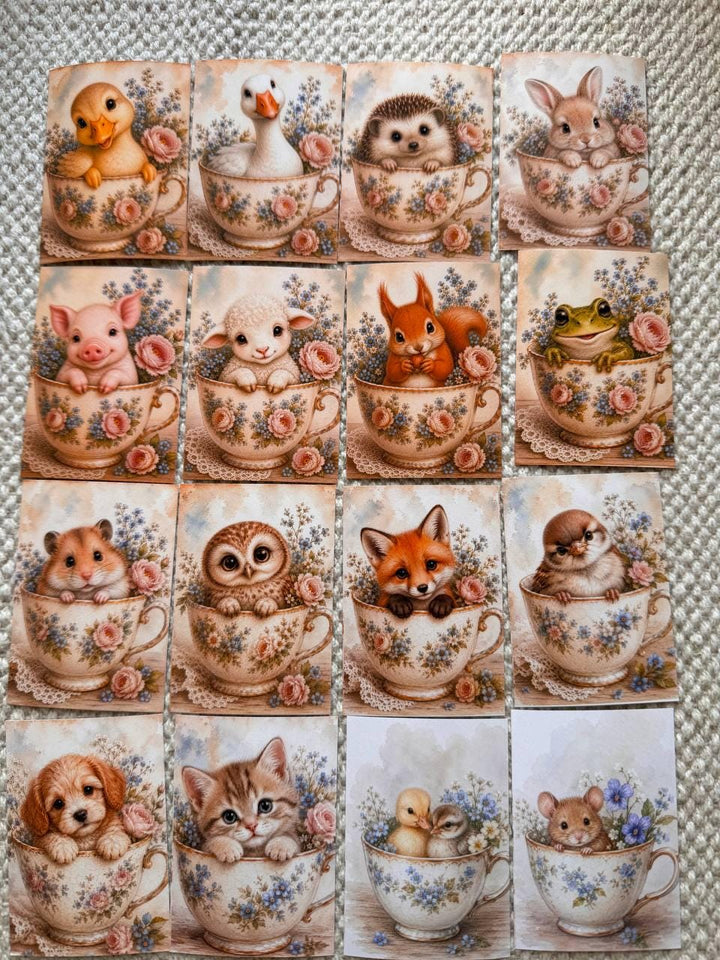 Vintage Animals in Teacups Stickers Set of 16, Cute Cottagecore Ephemera, Bunny Fox Owl Kitten Journal Stickers UK Made