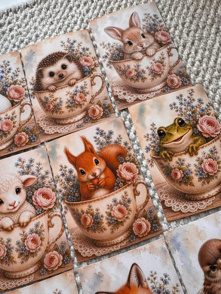 Vintage Animals in Teacups Stickers Set of 16, Cute Cottagecore Ephemera, Bunny Fox Owl Kitten Journal Stickers UK Made
