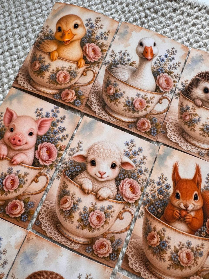 Vintage Animals in Teacups Stickers Set of 16, Cute Cottagecore Ephemera, Bunny Fox Owl Kitten Journal Stickers UK Made