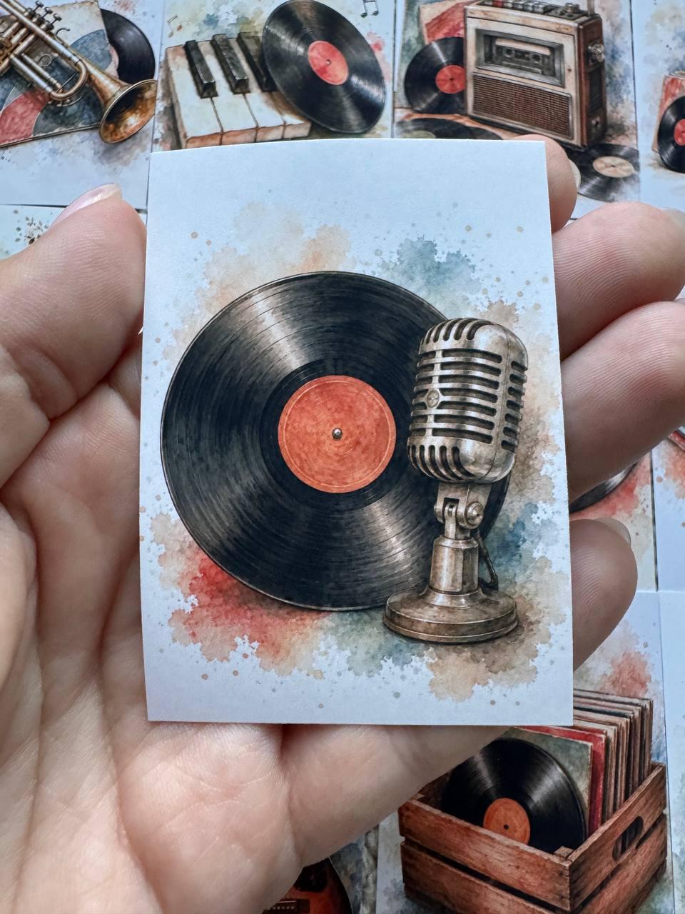Vintage Music Stickers Set of 16, Vinyl Record Stickers, Retro Audio Watercolor, Handmade in UK, Junk Journal Scrapbook Decor Gift