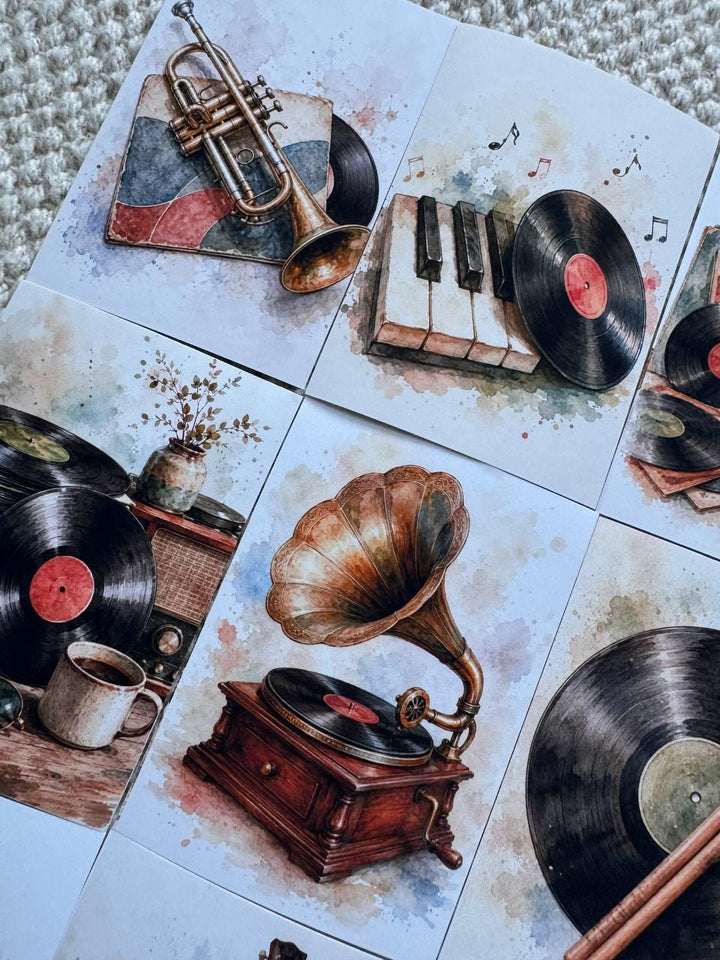 Vintage Music Stickers Set of 16, Vinyl Record Stickers, Retro Audio Watercolor, Handmade in UK, Junk Journal Scrapbook Decor Gift