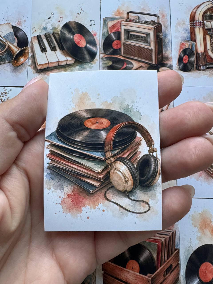 Vintage Music Stickers Set of 16, Vinyl Record Stickers, Retro Audio Watercolor, Handmade in UK, Junk Journal Scrapbook Decor Gift