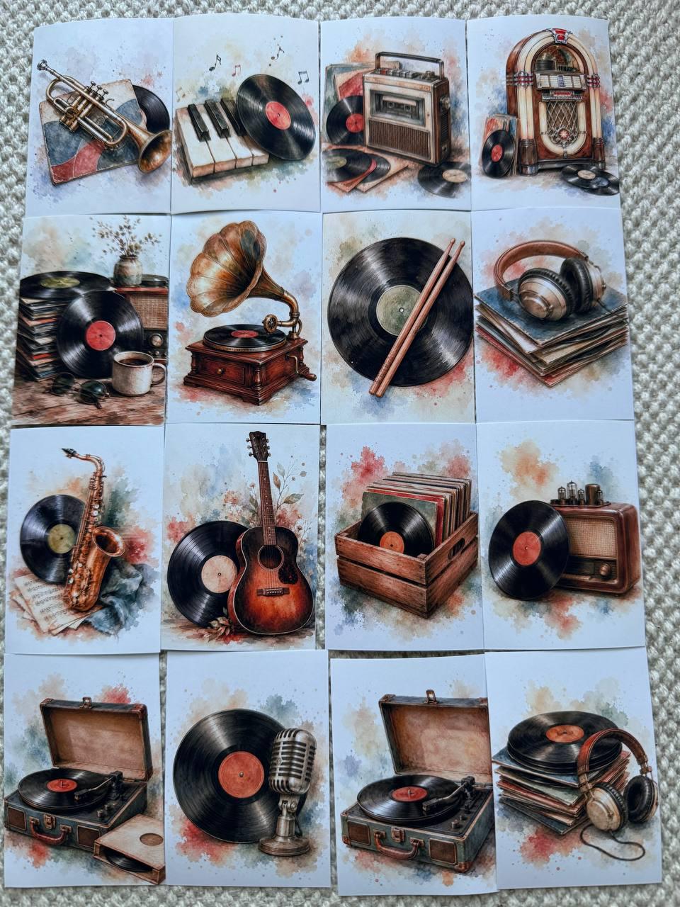 Vintage Music Stickers Set of 16, Vinyl Record Stickers, Retro Audio Watercolor, Handmade in UK, Junk Journal Scrapbook Decor Gift