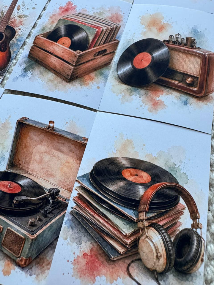 Vintage Music Stickers Set of 16, Vinyl Record Stickers, Retro Audio Watercolor, Handmade in UK, Junk Journal Scrapbook Decor Gift
