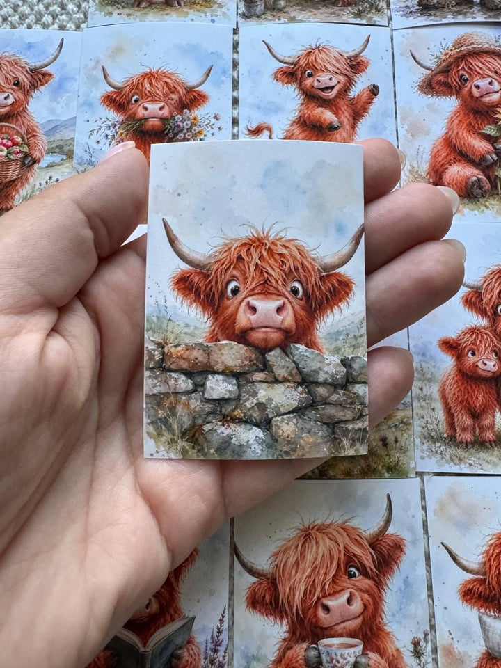 Highland Cow Stickers Set of 16, Cute Scottish Cow Watercolor Stickers, Handmade in UK, Junk Journal Scrapbook Planner Decor Gift
