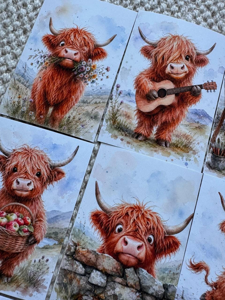 Highland Cow Stickers Set of 16, Cute Scottish Cow Watercolor Stickers, Handmade in UK, Junk Journal Scrapbook Planner Decor Gift