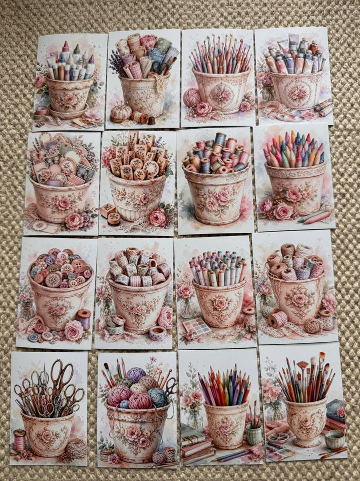 Vintage Craft Supply Stickers Set of 16, Watercolor Art & Sewing Stickers, Scrapbooking, Junk Journal, Handmade in the UK
