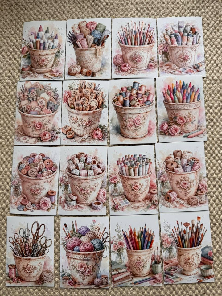 Vintage Craft Supply Stickers Set of 16, Watercolor Art & Sewing Stickers, Scrapbooking, Junk Journal, Handmade in the UK