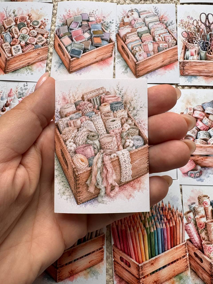 Vintage Craft Supply Stickers Set of 16, Watercolor Scrapbooking & Sewing Supplies, Junk Journal, Handmade in the UK Decor