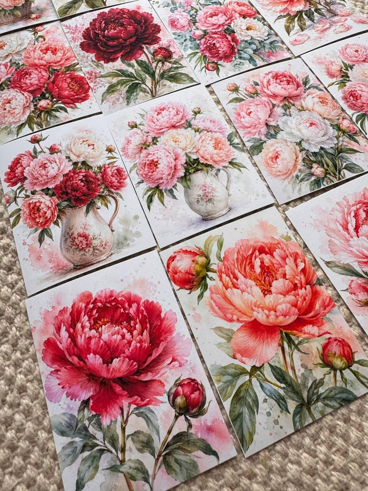 Peony Flower Stickers Set of 16, Watercolor Floral Stickers, Pink Peonies for Junk Journal, Scrapbook, Handmade in the UK Decor